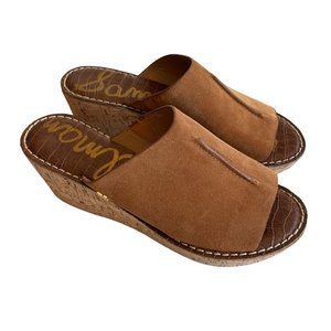 Sam Edelman Ranger Wedge Sandal Womens 10M Cork Heel Slip On Leather Beige Tan